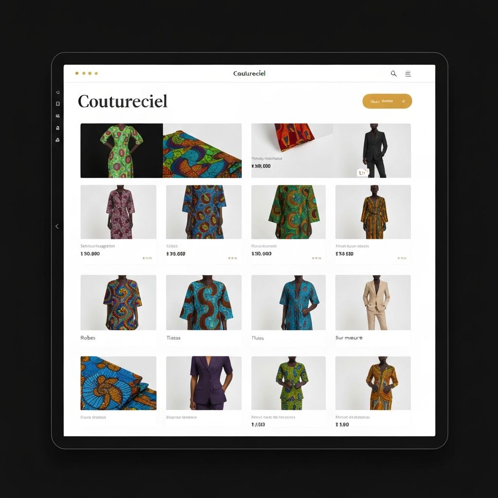 Apercu de la plateforme Coutureciel, marketplace mode et textile senegalais